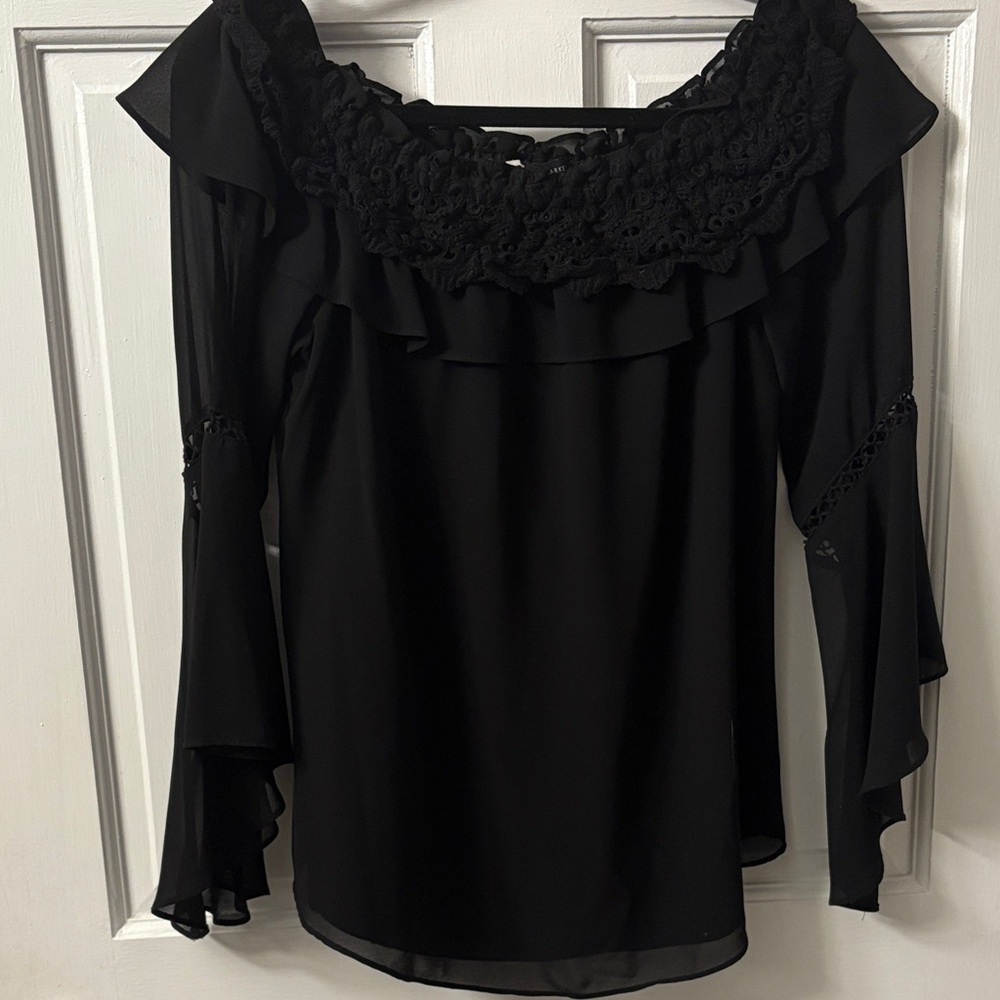 White House Black Market Black‎ Lace Trim Blouse M